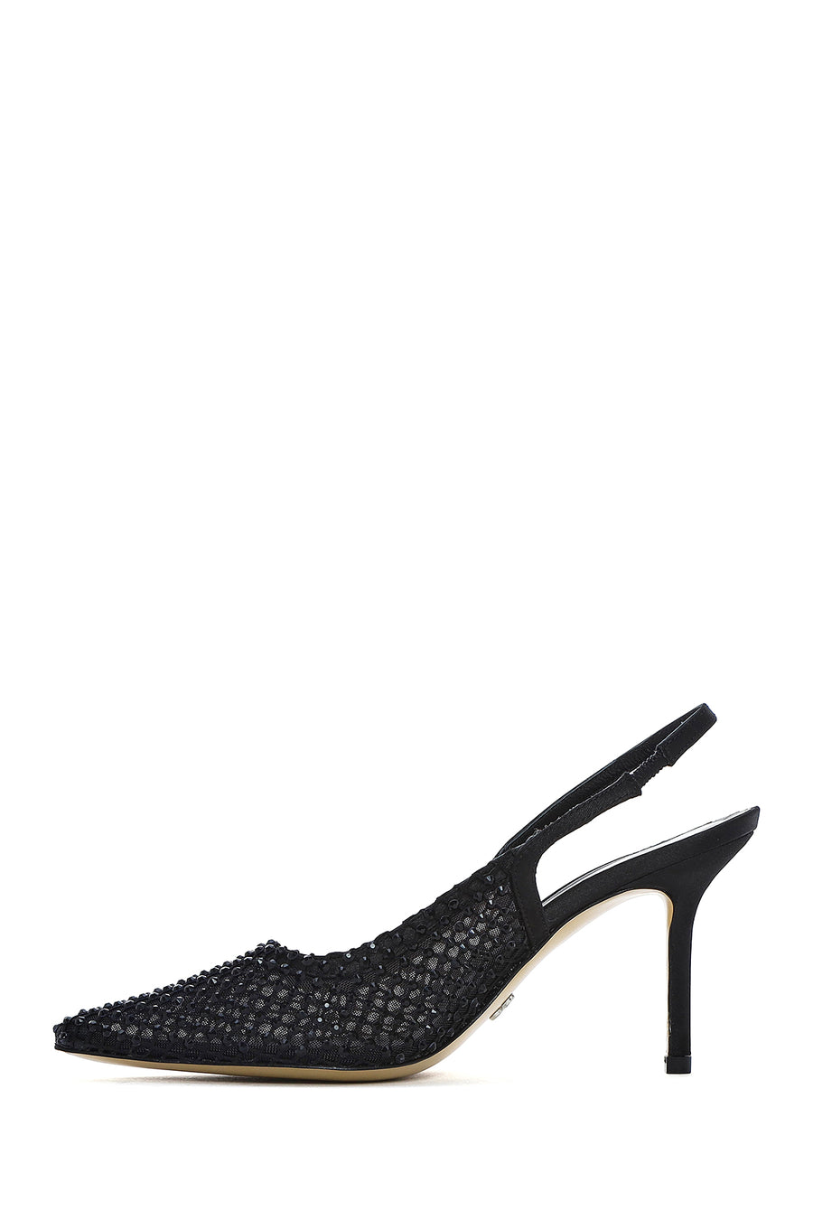 Women's Black Stoned Open Back Thin Heeled Leather Shoes