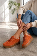 Kadın Turuncu Bağcıklı Süet Deri Sneaker | Derimod