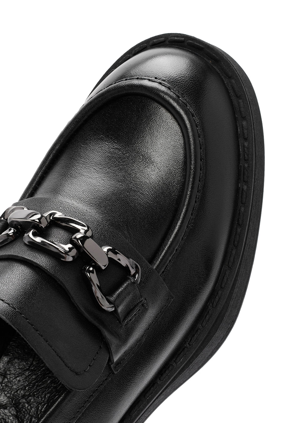 Women's Black Thick Heeled Leather Masculine Loafer