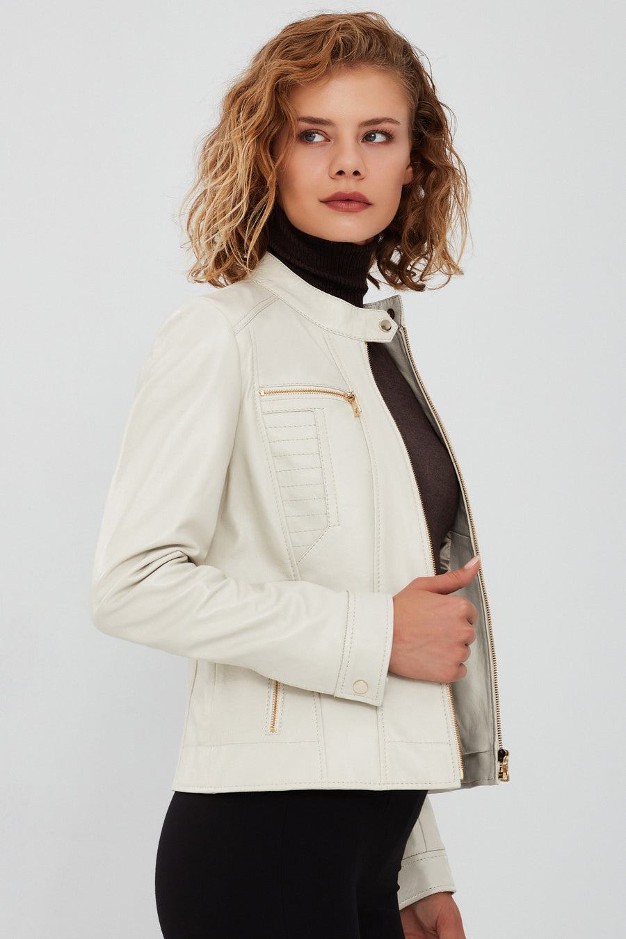Marlyn Women's Beige Short Leather Jacket