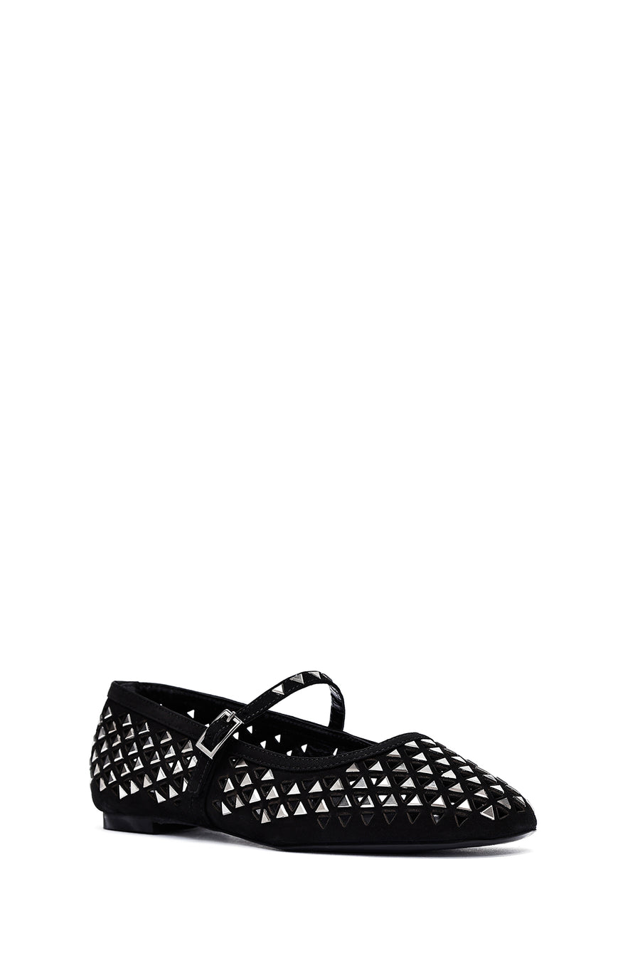 Women's Black Buckled Stoned Leather Ballerinas