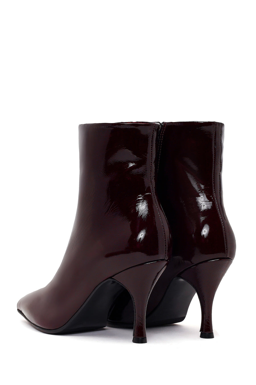 Woman Burgundy Zip Closure Thin-Heeled Patent Leather Leather Boots