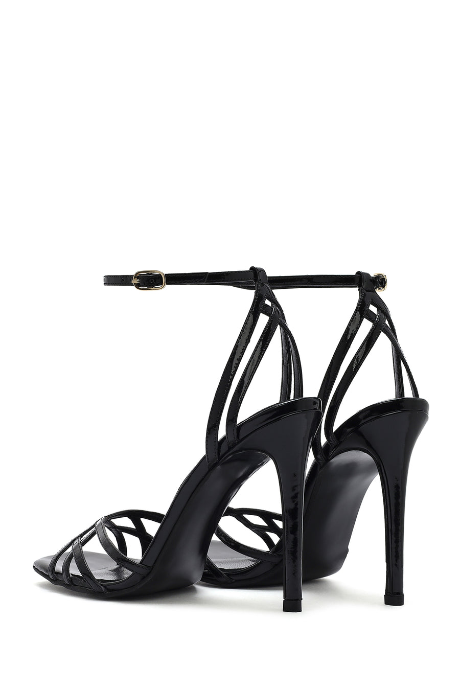 Women's Black Ankle Strap Thin High Heel Patent Leather Sandals