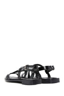 Women's Black Knitted Detailed Leather Bodrum Sandals | Derimod