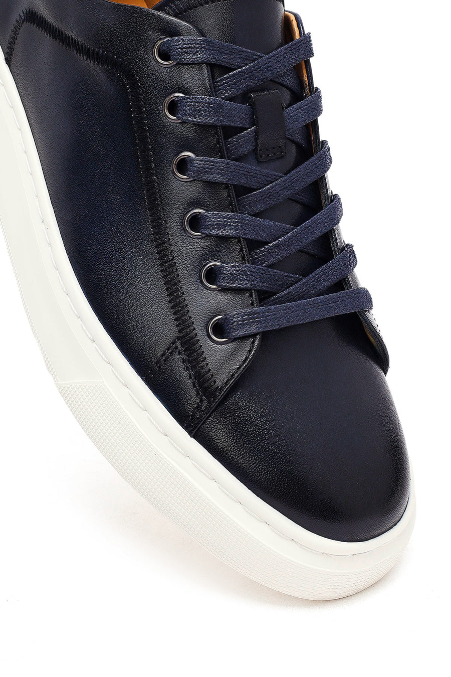 Erkek Lacivert Bağcıklı Deri Sneaker