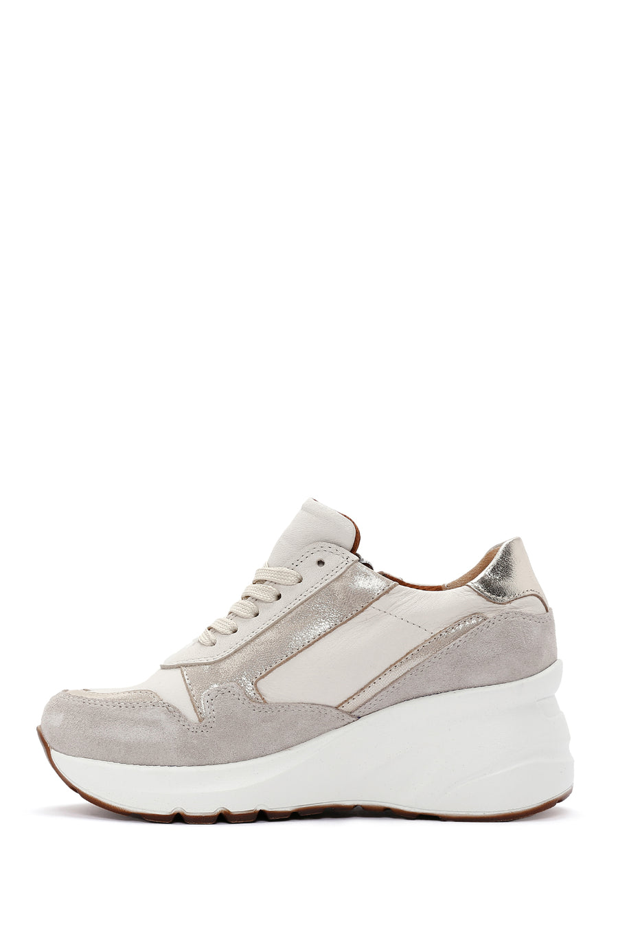 Kadın Bej Bağcıklı Fermuar Detaylı Dolgu Topuklu Deri Sneaker