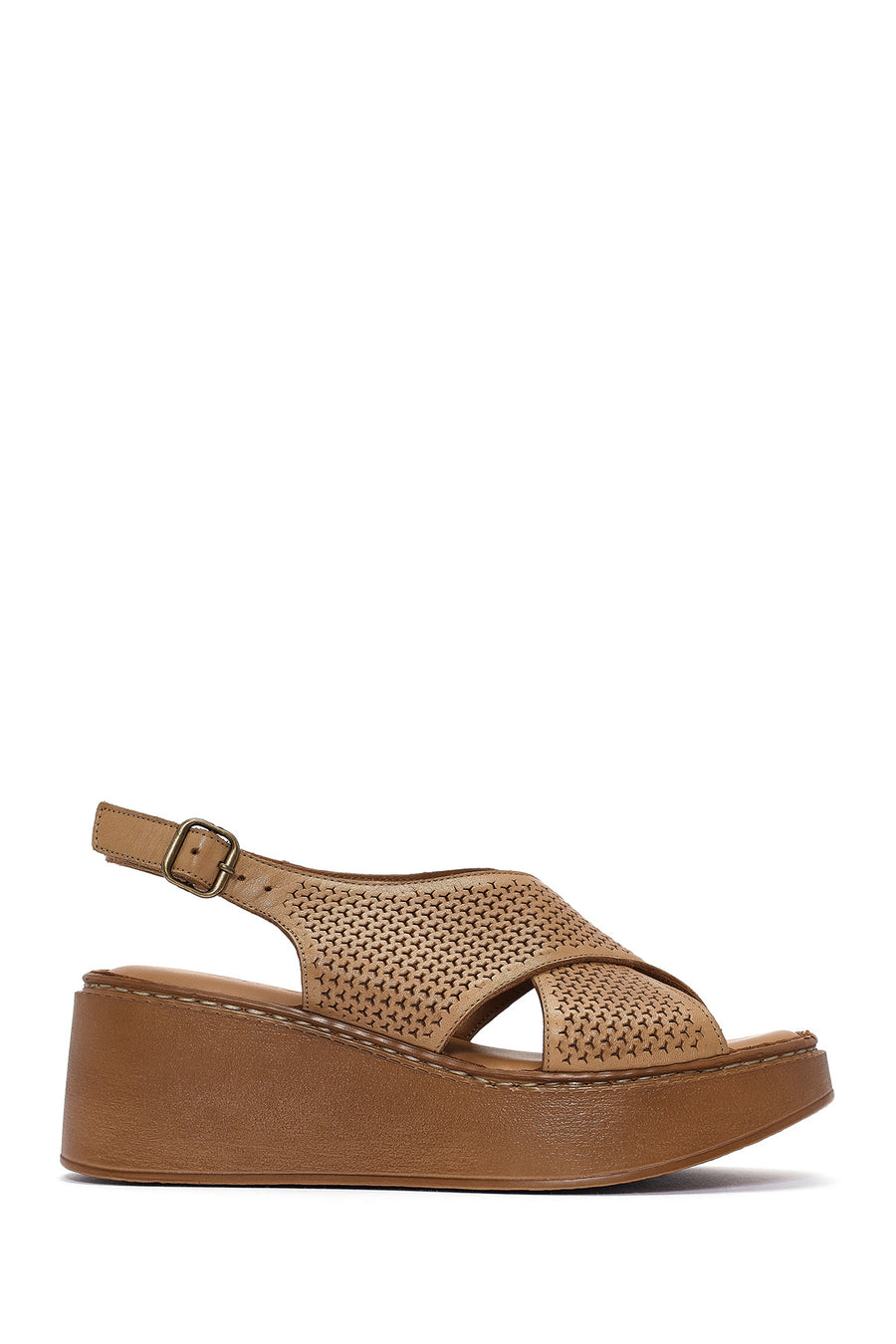 Women's Tan Ankle Strap Printed Wedge Heel Leather Comfort Sandals 25SFD342126 | Derimod
