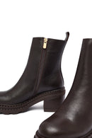 Woman Brown Zip Closure Chunky Heeled Leather Boots | Derimod