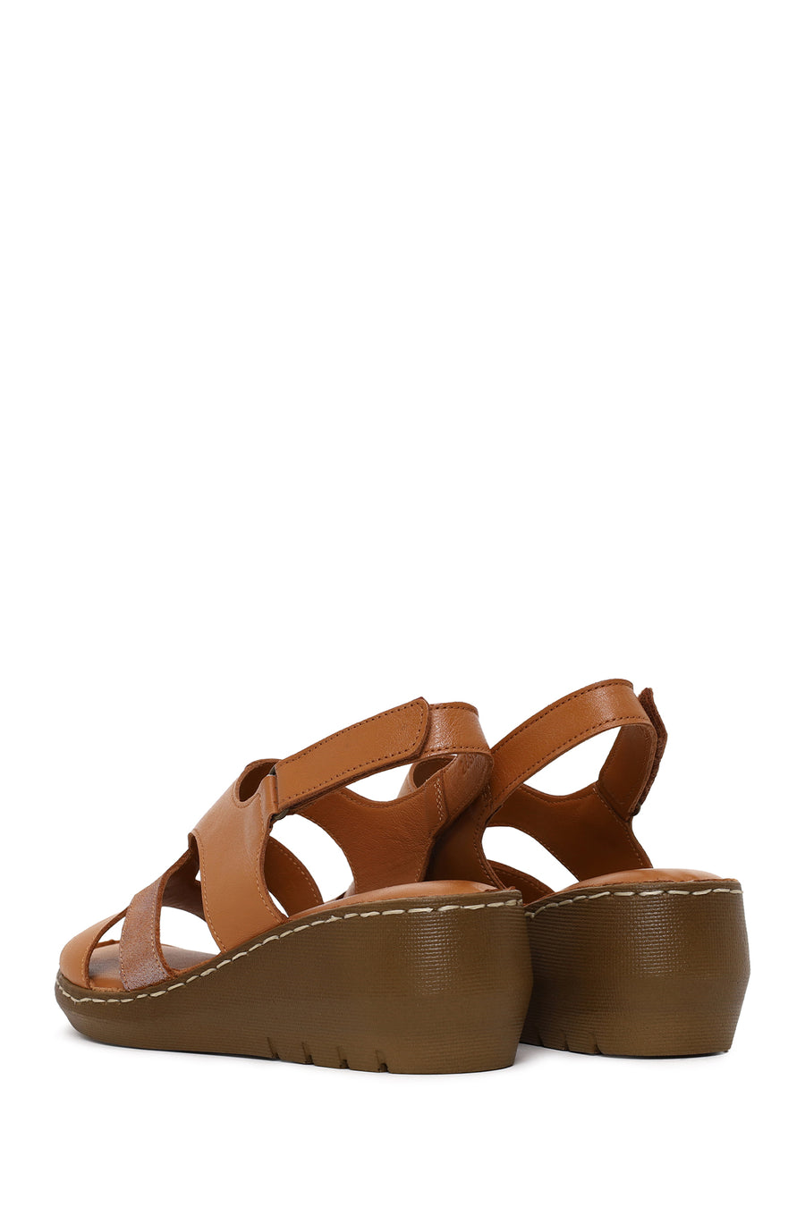 Woman Tan Wedge-Heel Leather Comfort Sandal