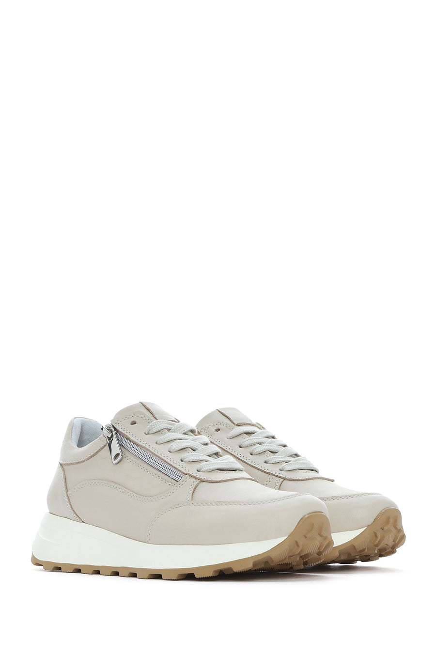 Women's Beige Lace-Up Side Zip Leather Sneakers