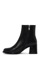 Woman Black Zip Closure Thick-Heeled Leather Boots | Derimod