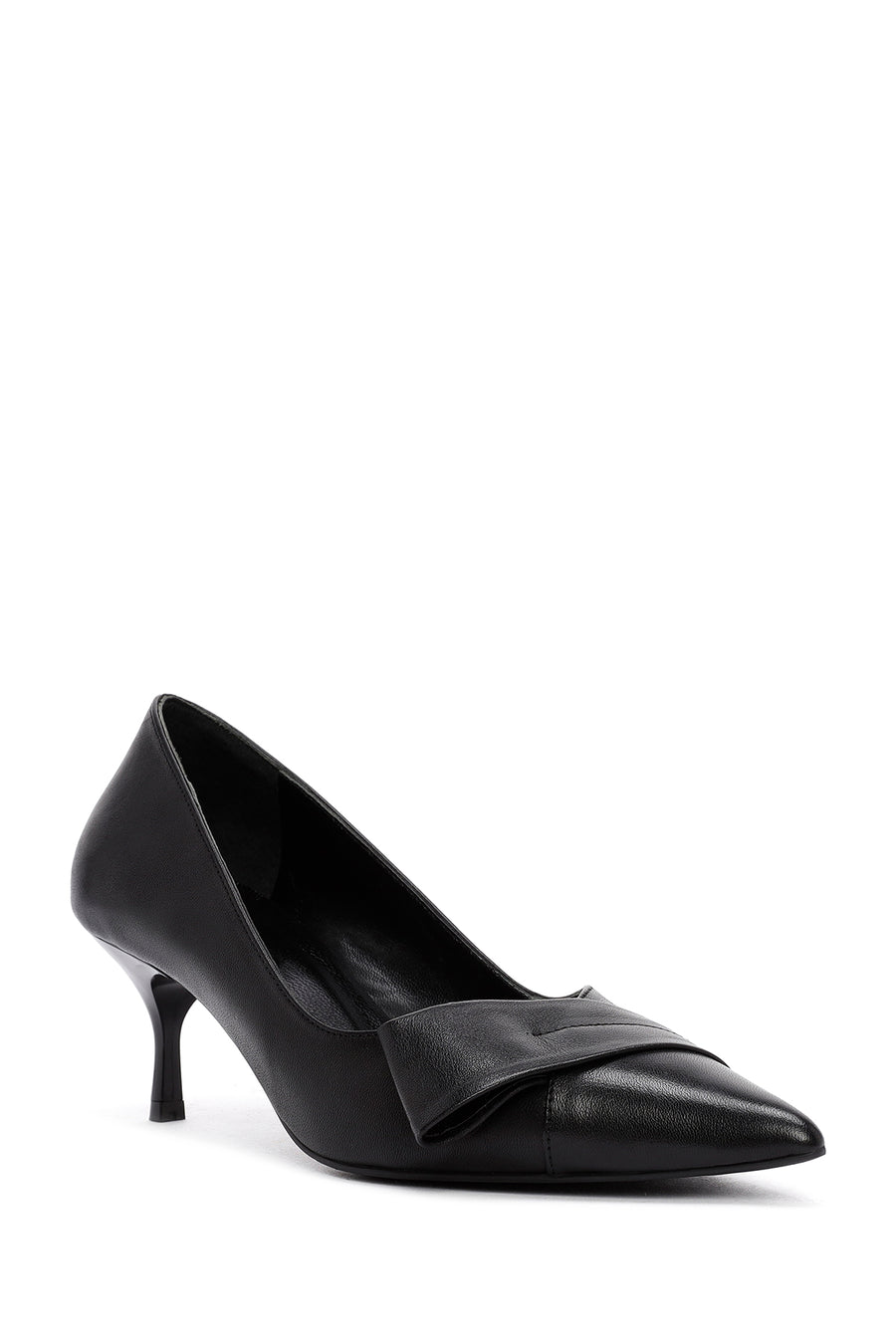 Woman Black Short Thin-Heeled Leather Shoes