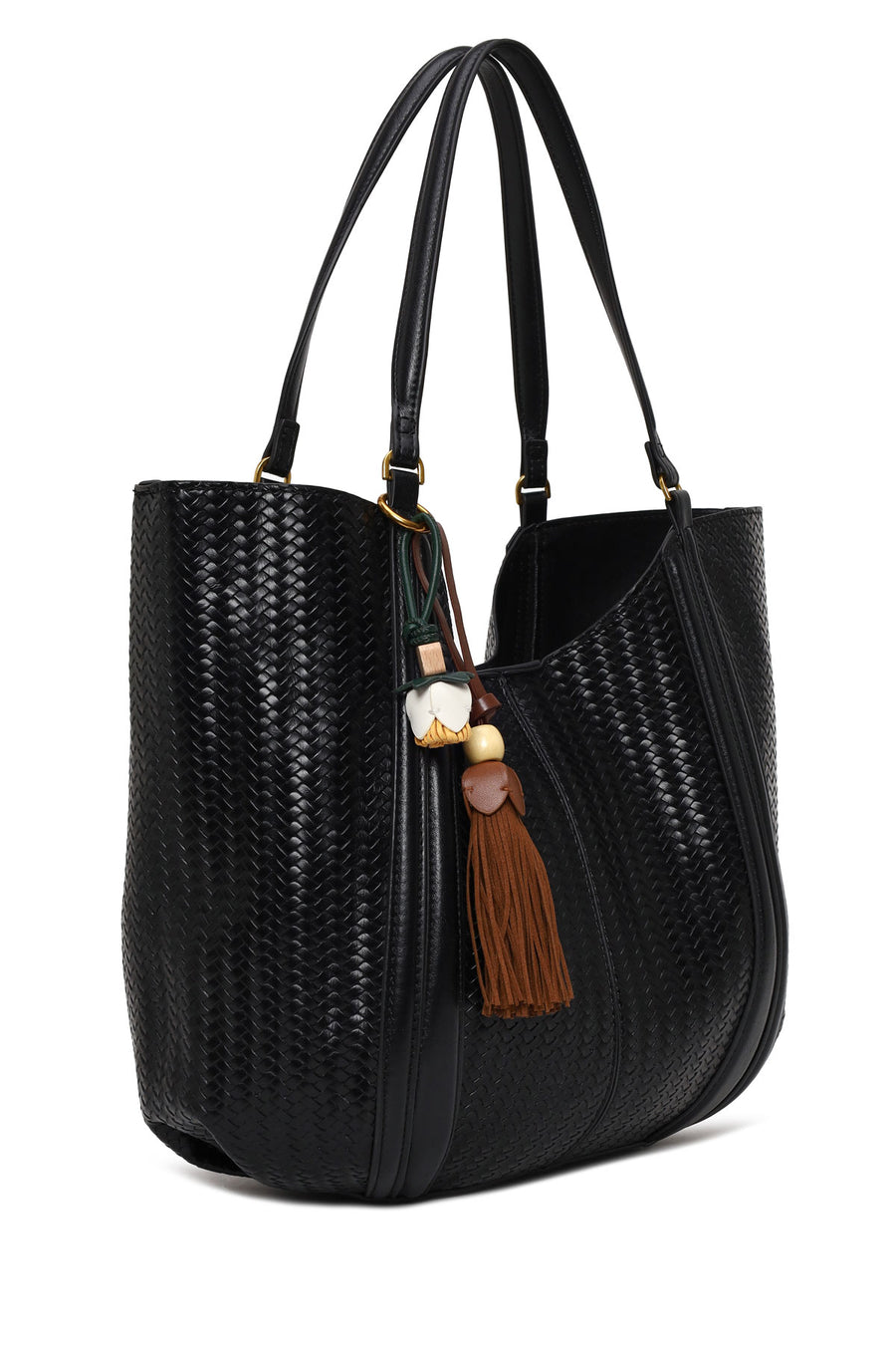 Woman Black Accessorized Printed Shoulder Bag