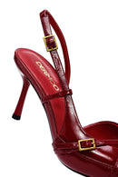 Women's Red Ankle Buckle Open Back Thin Heel Leather Shoes | Derimod