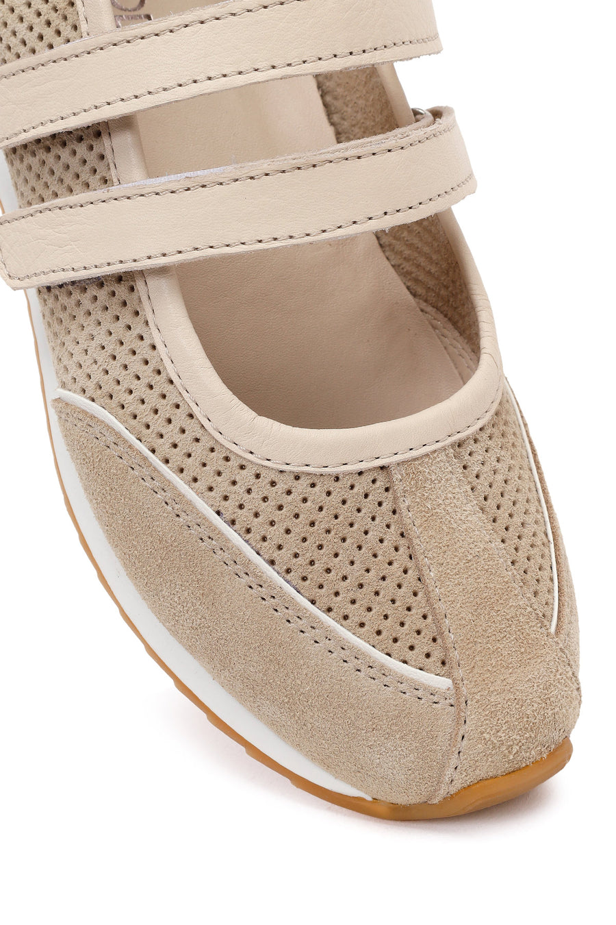 Women's Beige Strapped Suede Leather Ballet Flats