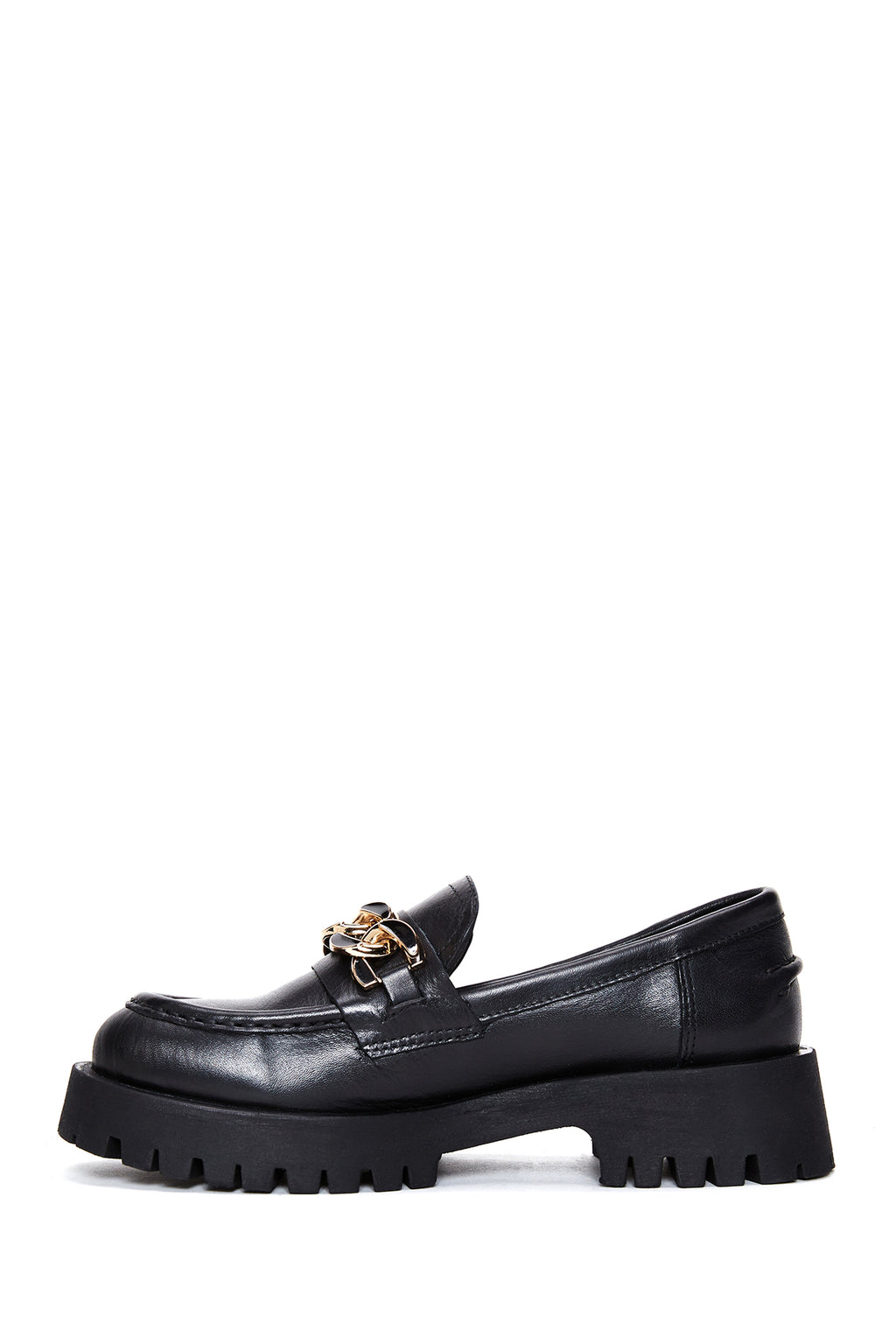 Kadın Siyah Zincir Detaylı Kalın Tabanlı Deri Casual Loafer