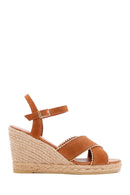Women's Tan Ankle Strap Wedge Heel Suede Leather Espadrille Sandals | Derimod