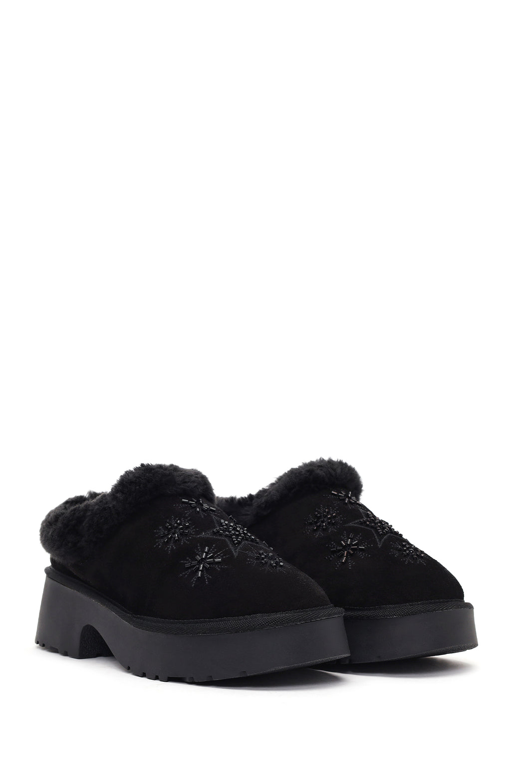 Kadın Siyah Kalın Tabanlı Taşlı Süet Deri Teddy Terlik