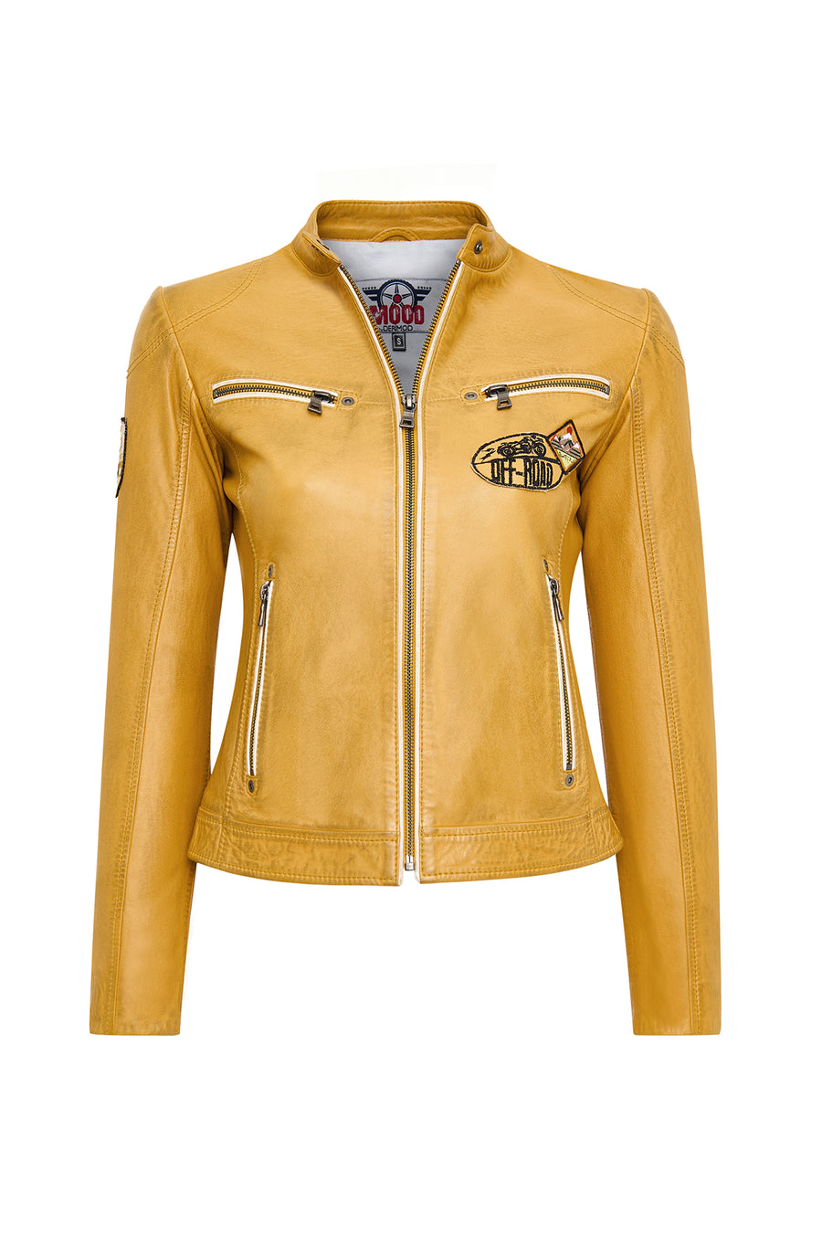 Champs Women's Yellow Embroidered Short Leather Jacket