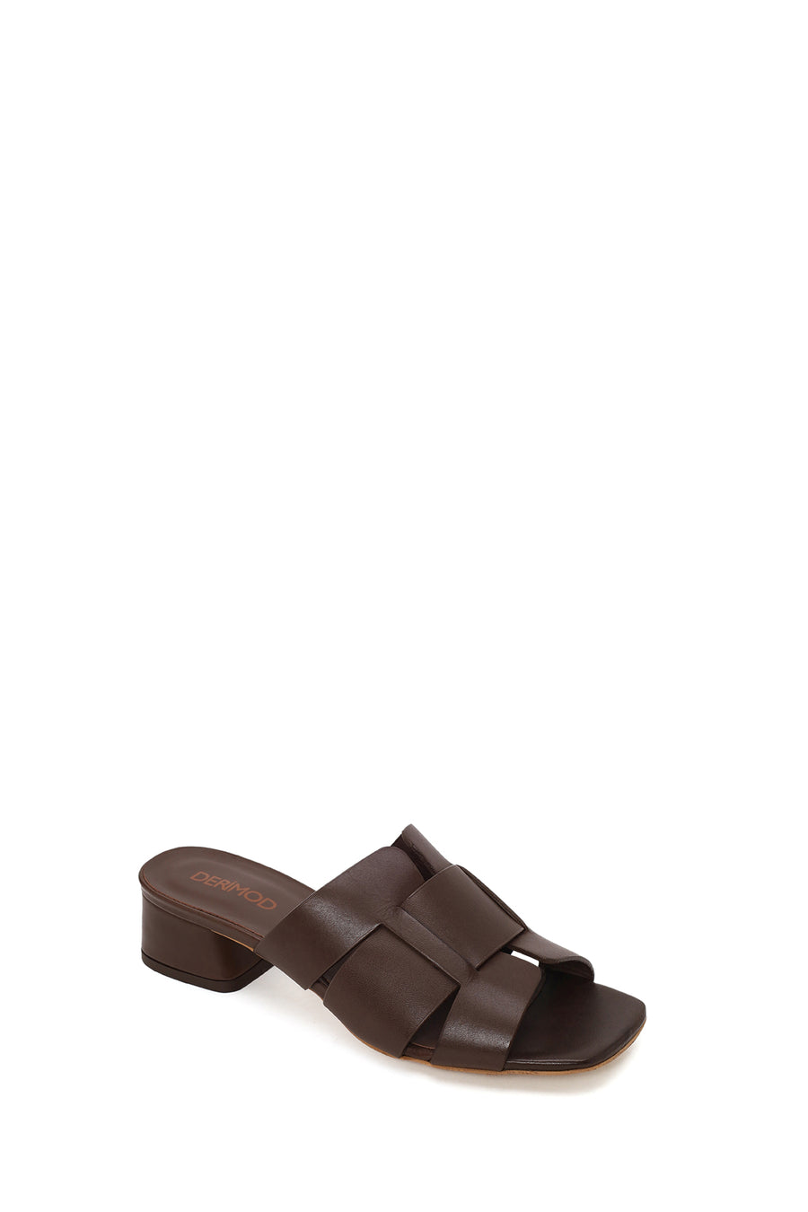 Woman Brown Short Thick-Heeled Leather Slipper