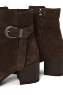 Woman Mink Zip Closure Thick-Heeled Suede Boots | Derimod