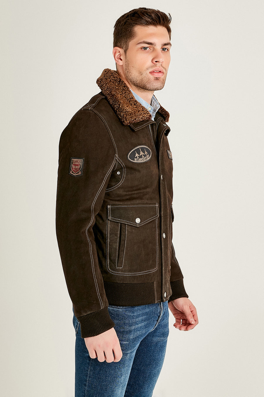 Air Force Men's Brown Fur Collared Nubuck Leather Pilot Jacket