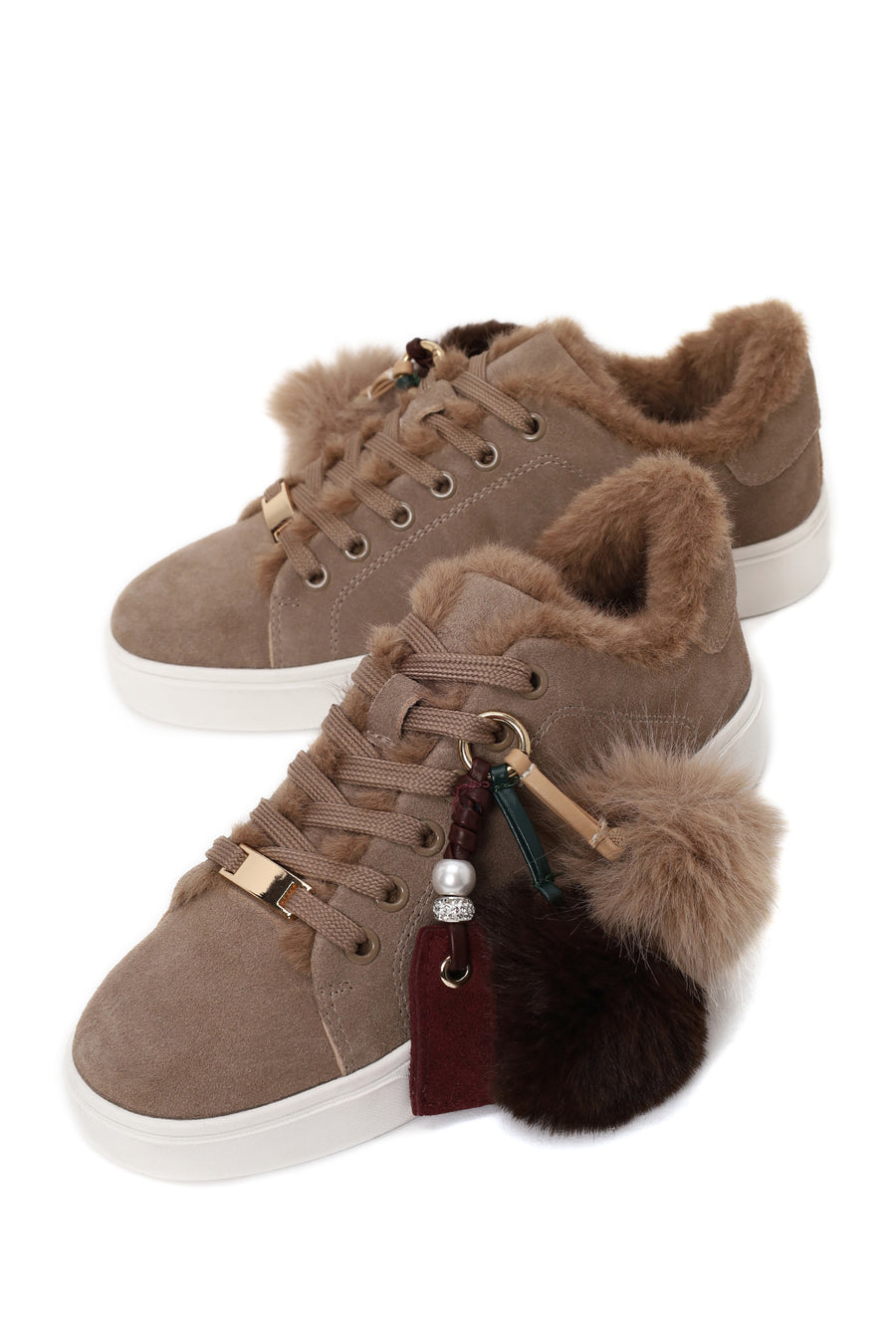 Kadın Vizon Bağcıklı Charmlı Süet Deri Teddy Sneaker