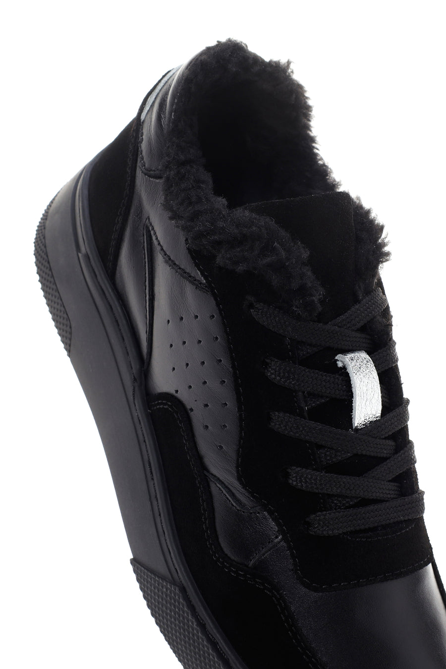 Kadın Siyah Kalın Tabanlı Kürklü Deri Sneaker