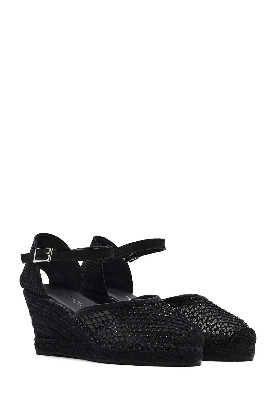 Women's Black Ankle Buckle Wedge Heel Espadrille Sandals