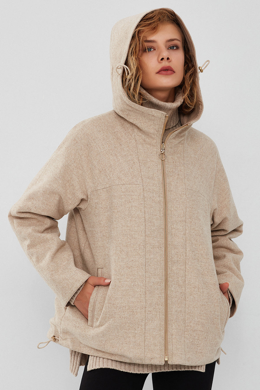 Roma Women's Beige Hooded Double-Sided Oversize Leather Jacket