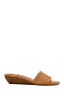 Women's Beige Short Platform Heel Leather Slippers | Derimod