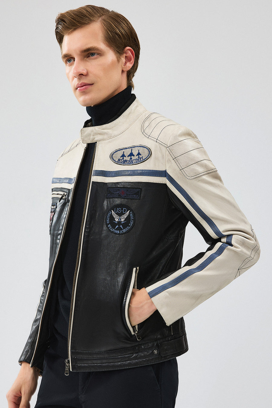 Takeoff Men's Black Leather Jacket with Emblem
