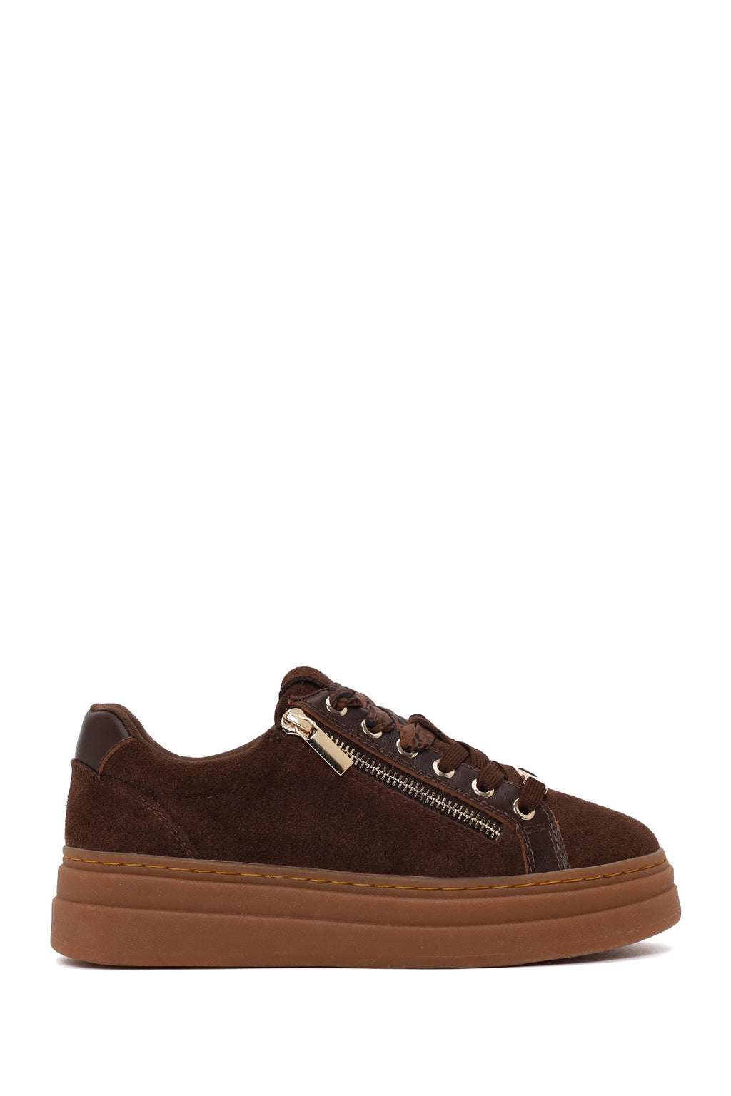 Kadın Kahverengi Bağcıklı Kalın Tabanlı Süet Deri Sneaker