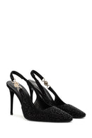 Women's Black Stoned Slingback Heeled Leather Shoes | Derimod