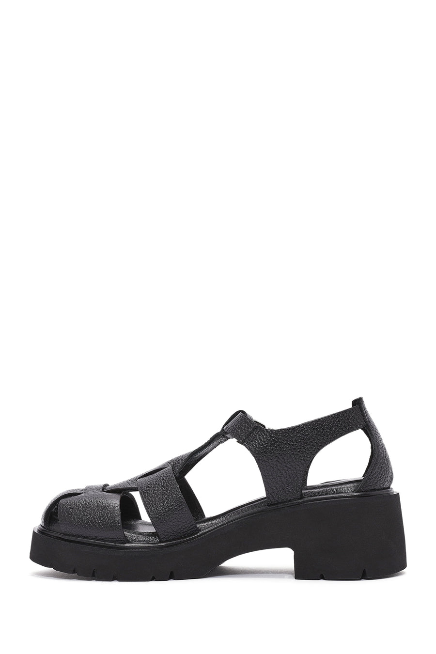 Women's Black Ankle Strap Thick Heel Leather Sandals