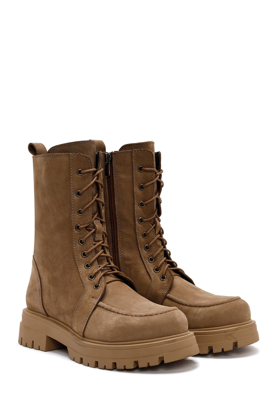 Women's Camel Zippered Nubuck Leather Combat Boots