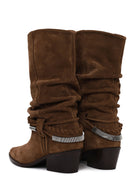Woman Tan Chunky Heeled Suede Cowboy Boots | Derimod