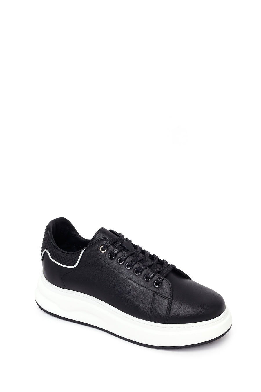 Men's Black Lace-up Thick-Sole Leather Sneaker