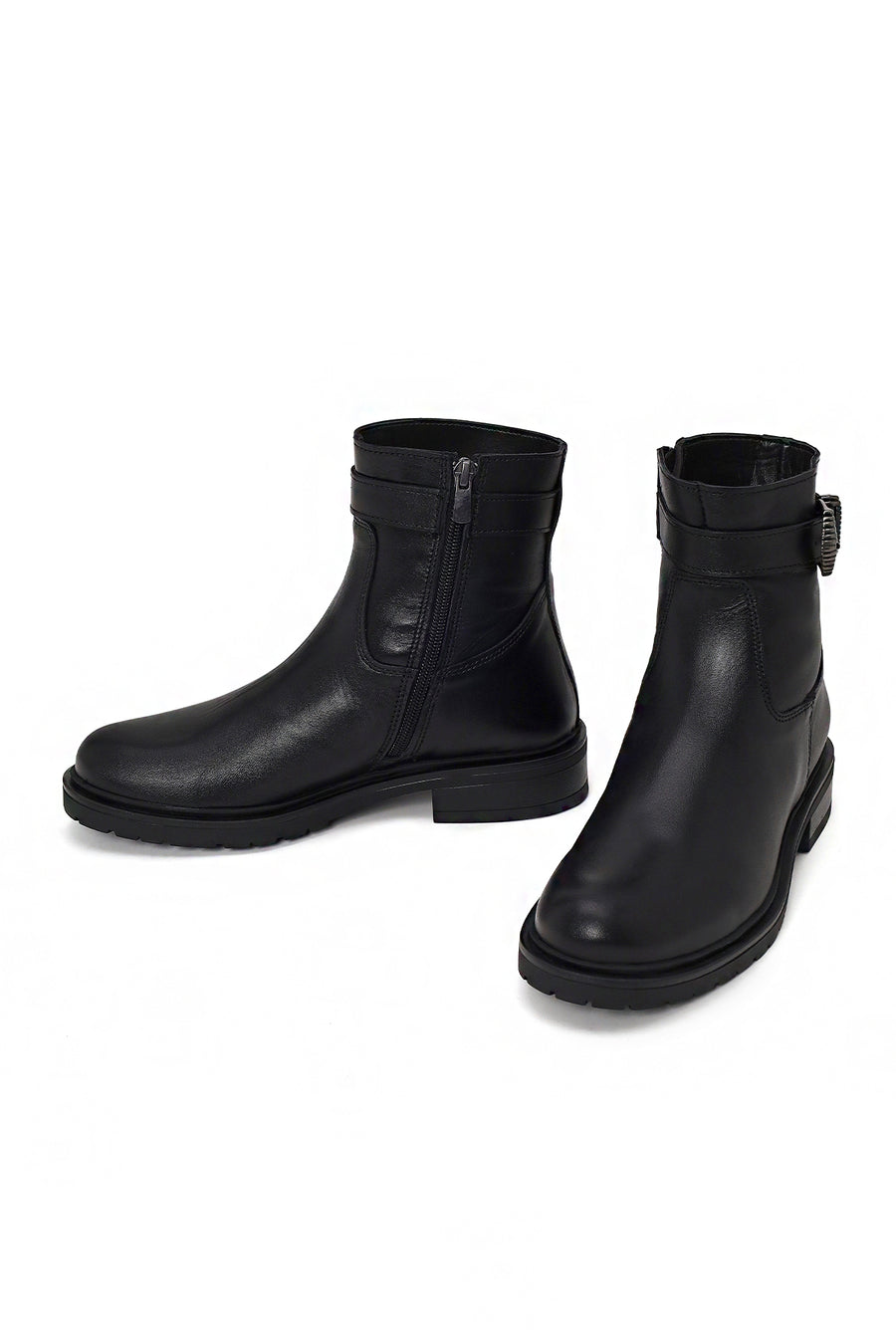 Woman Black Buckled Zip Closure Leather Casual Boots
