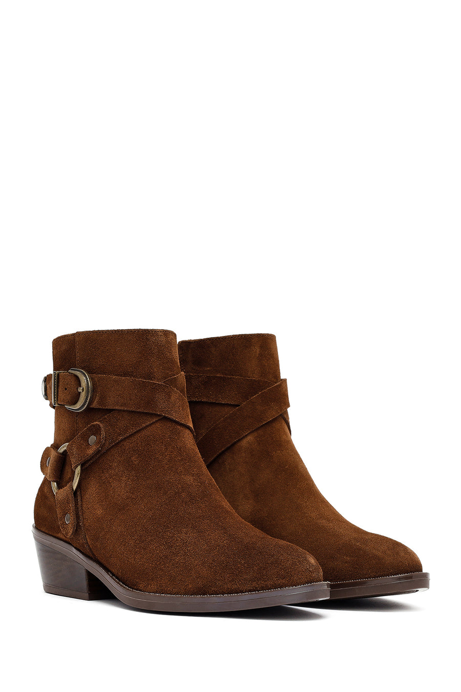 Woman Tan Zippered Suede Leather Cowboy Boots