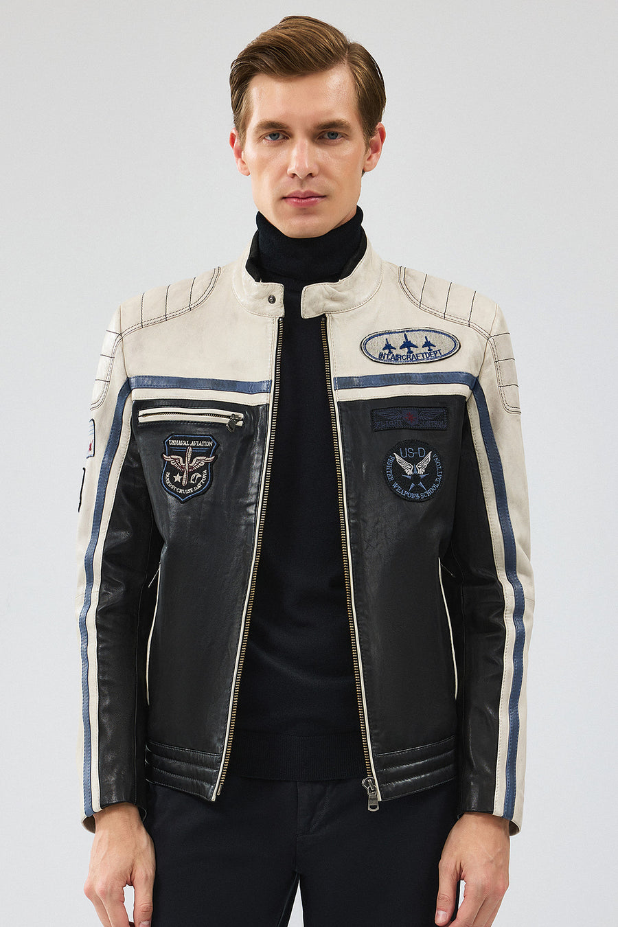 Takeoff Men's Black Leather Jacket with Emblem