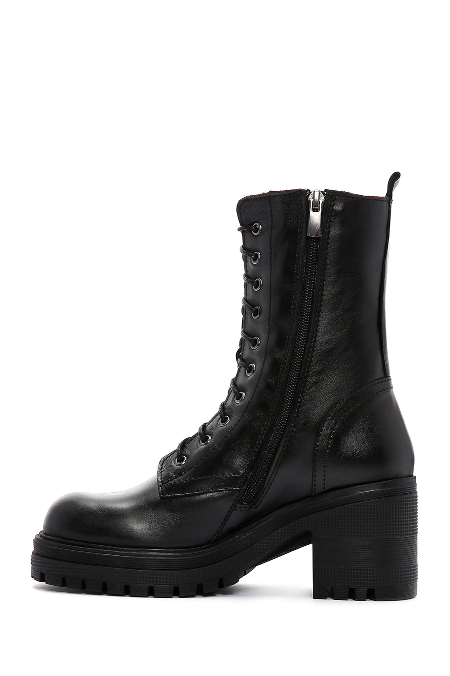 Women's Black Leather Heeled Zippered Boots