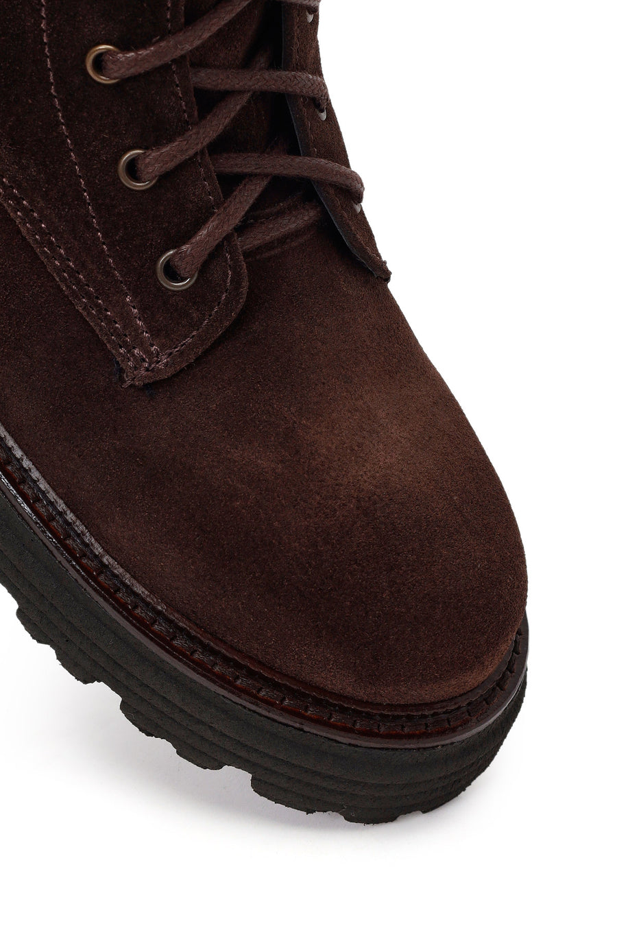 Woman Brown Lace-Up Zip Closure Suede Combat Boots