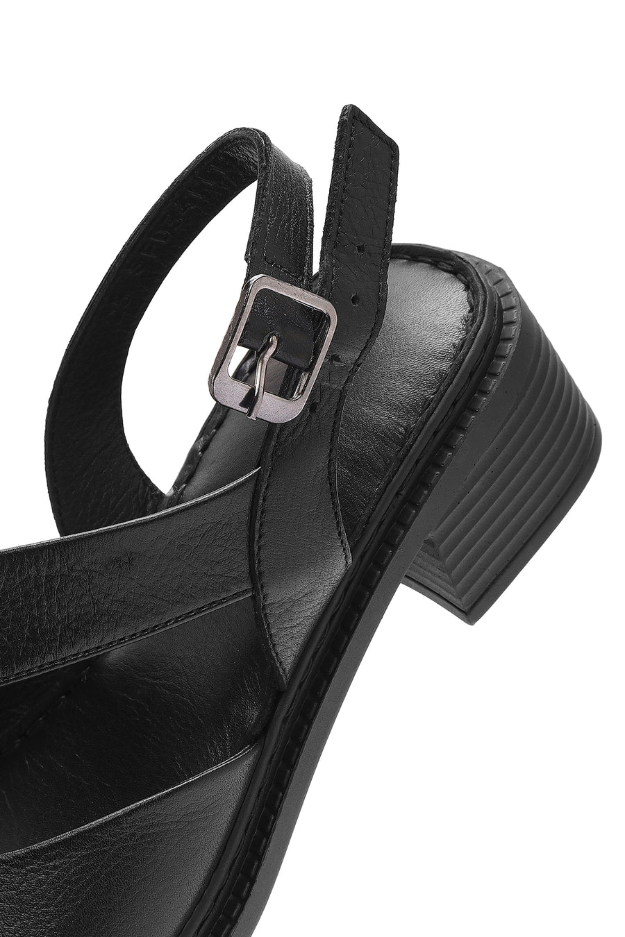 Women's Black Ankle Buckle Low Heel Leather Sandals