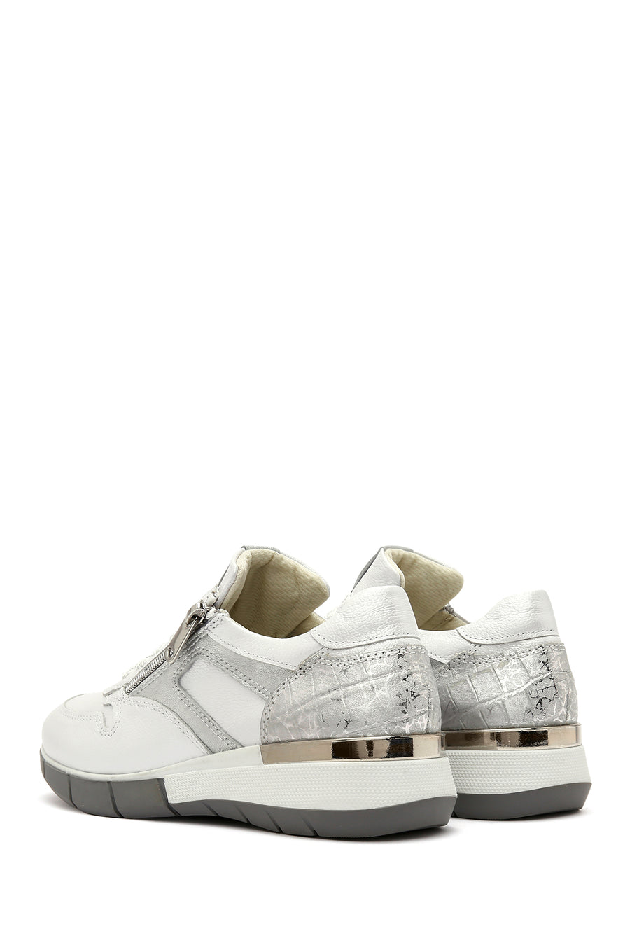 Women's White Lace-Up Side Zipper Leather Sneaker
