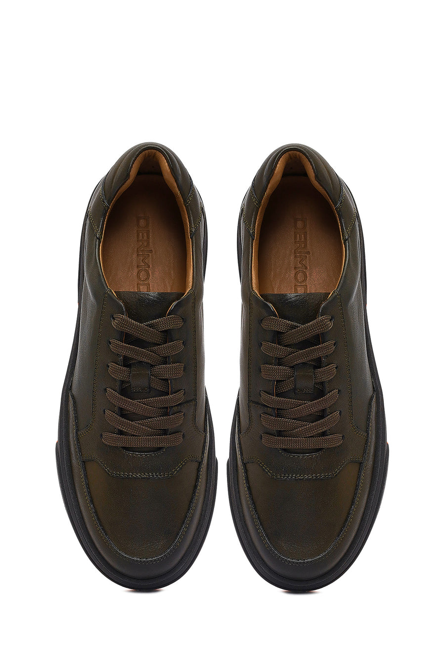 Erkek Haki Bağcıklı Deri Sneaker