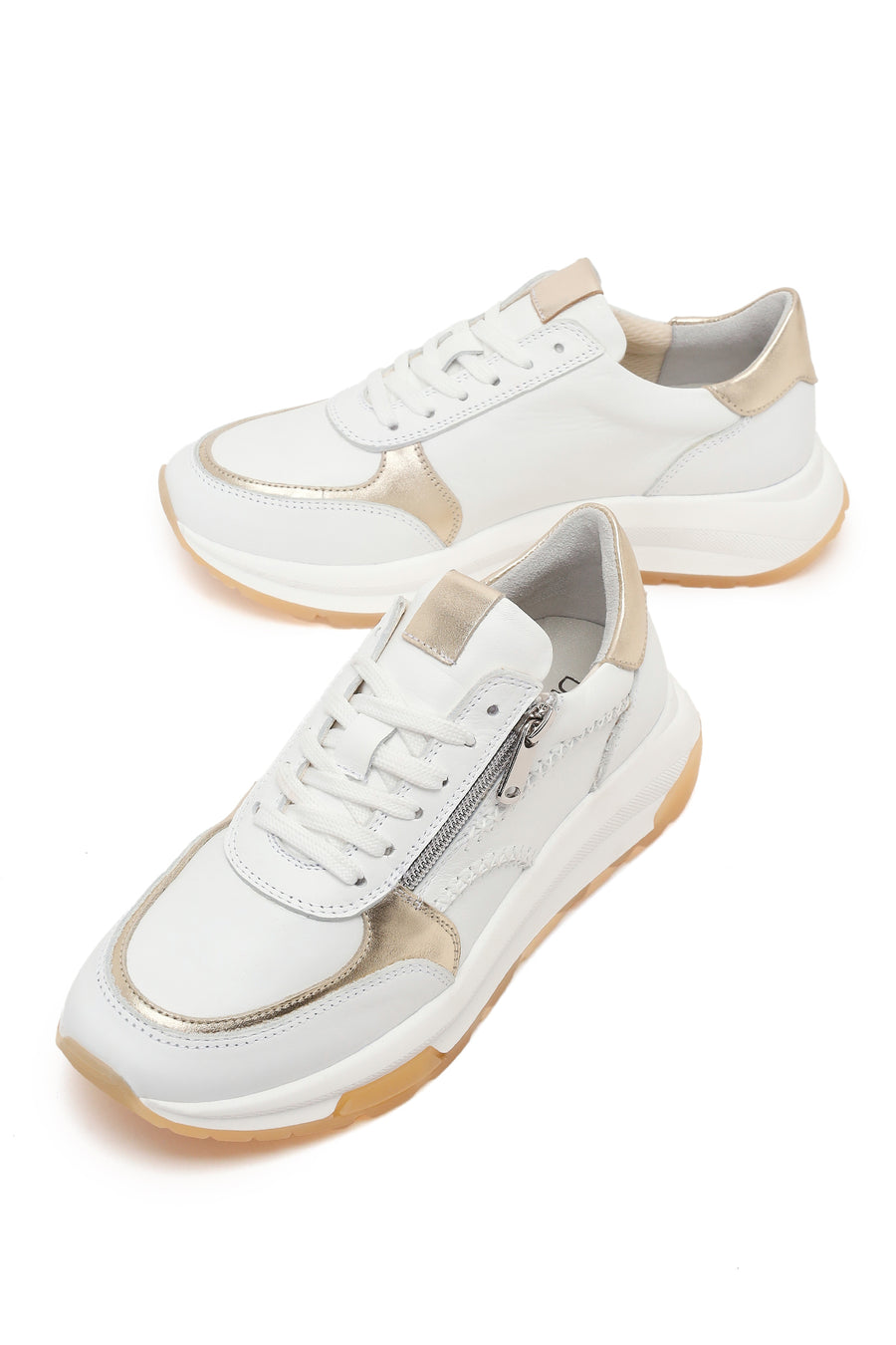 Kadın Beyaz Bağcıklı Fermuarlı Kalın Tabanlı Deri Sneaker