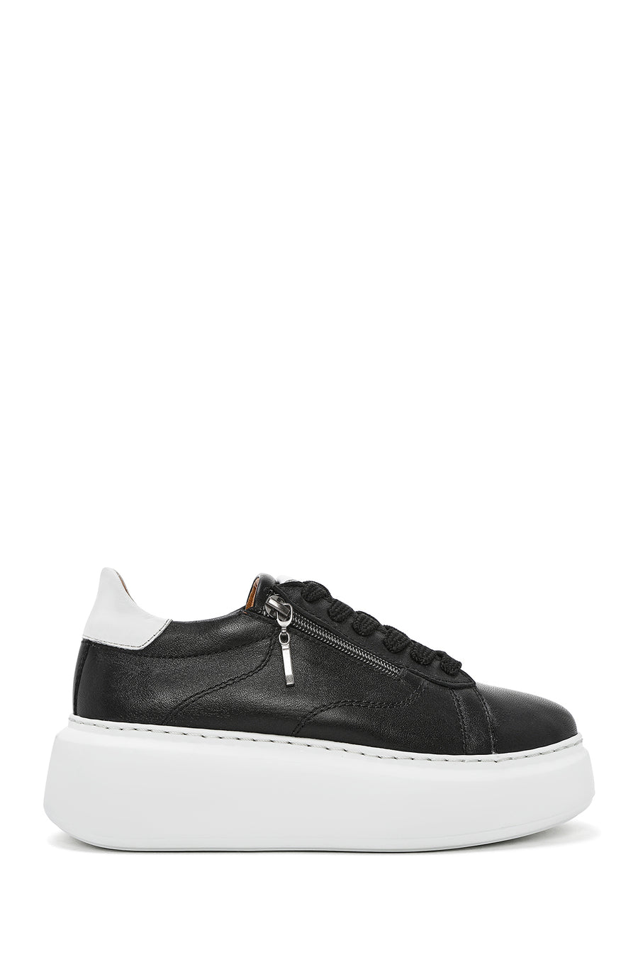 Kadın Siyah Fermuarlı Bağcıklı Kalın Tabanlı Deri Sneaker 25SFD511118 | Derimod