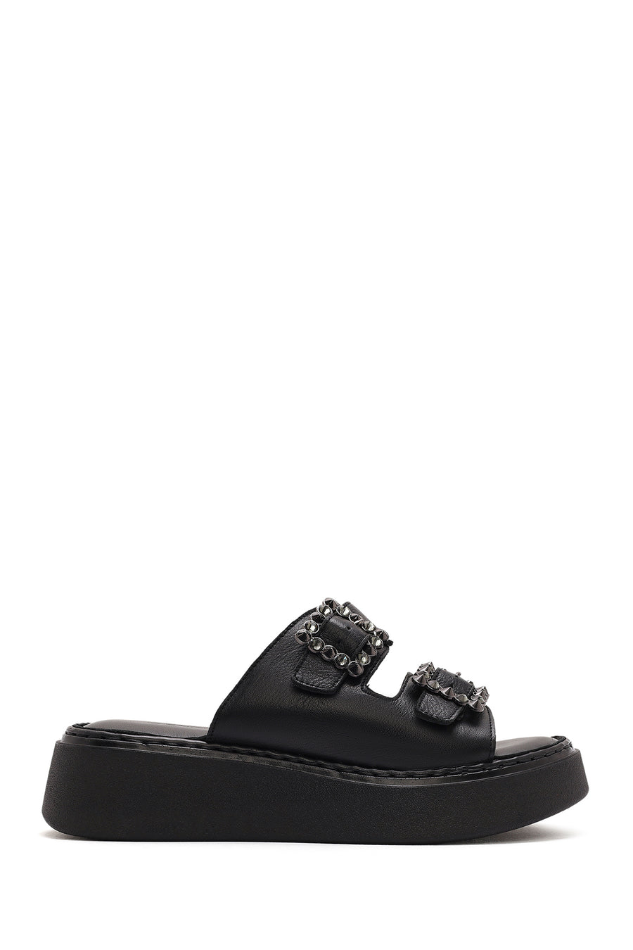 Women's Black Double Buckle Thick-Soled Leather Comfort Slippers 26SFD341018 | Derimod
