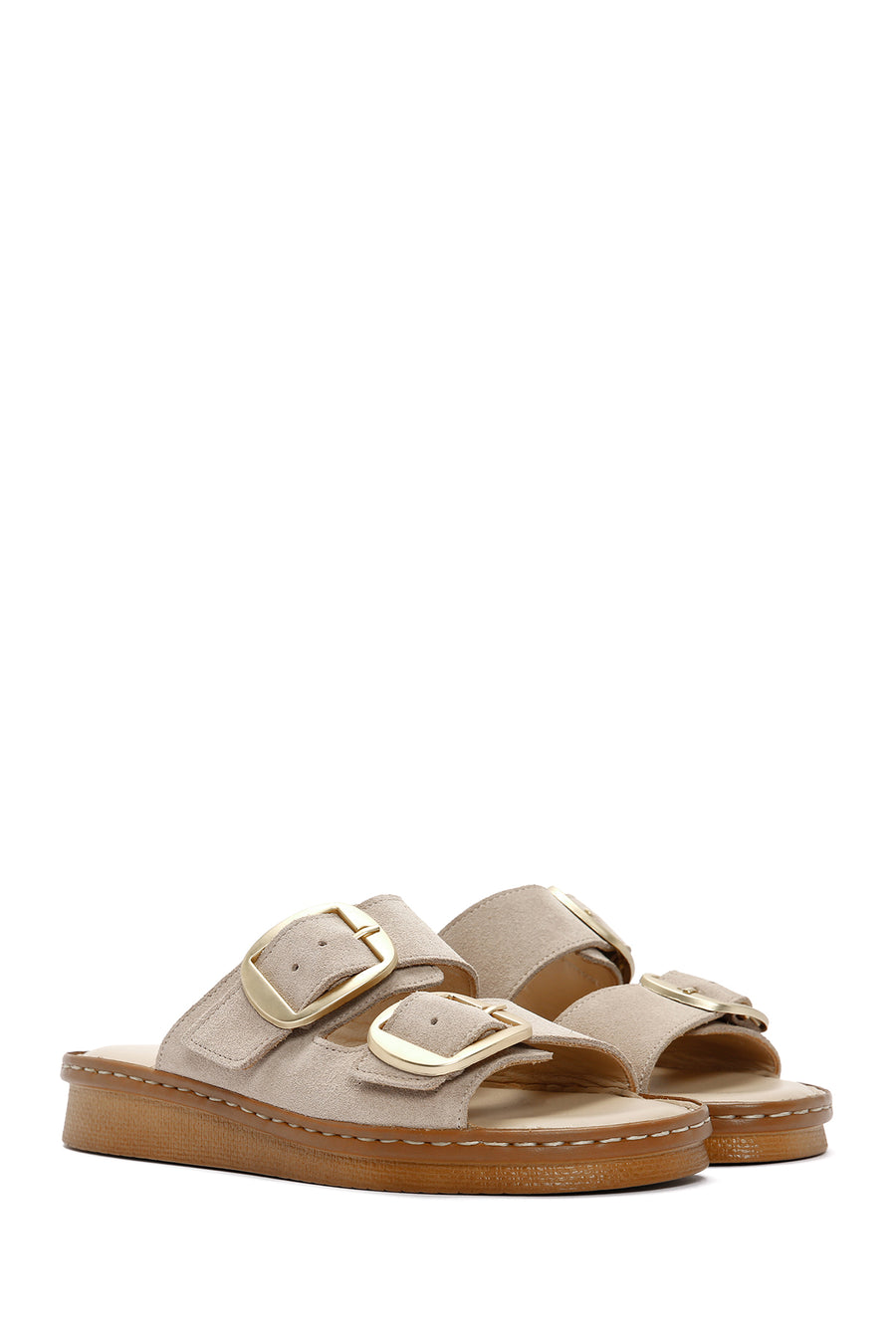Woman Beige Buckled Suede Comfort Slipper